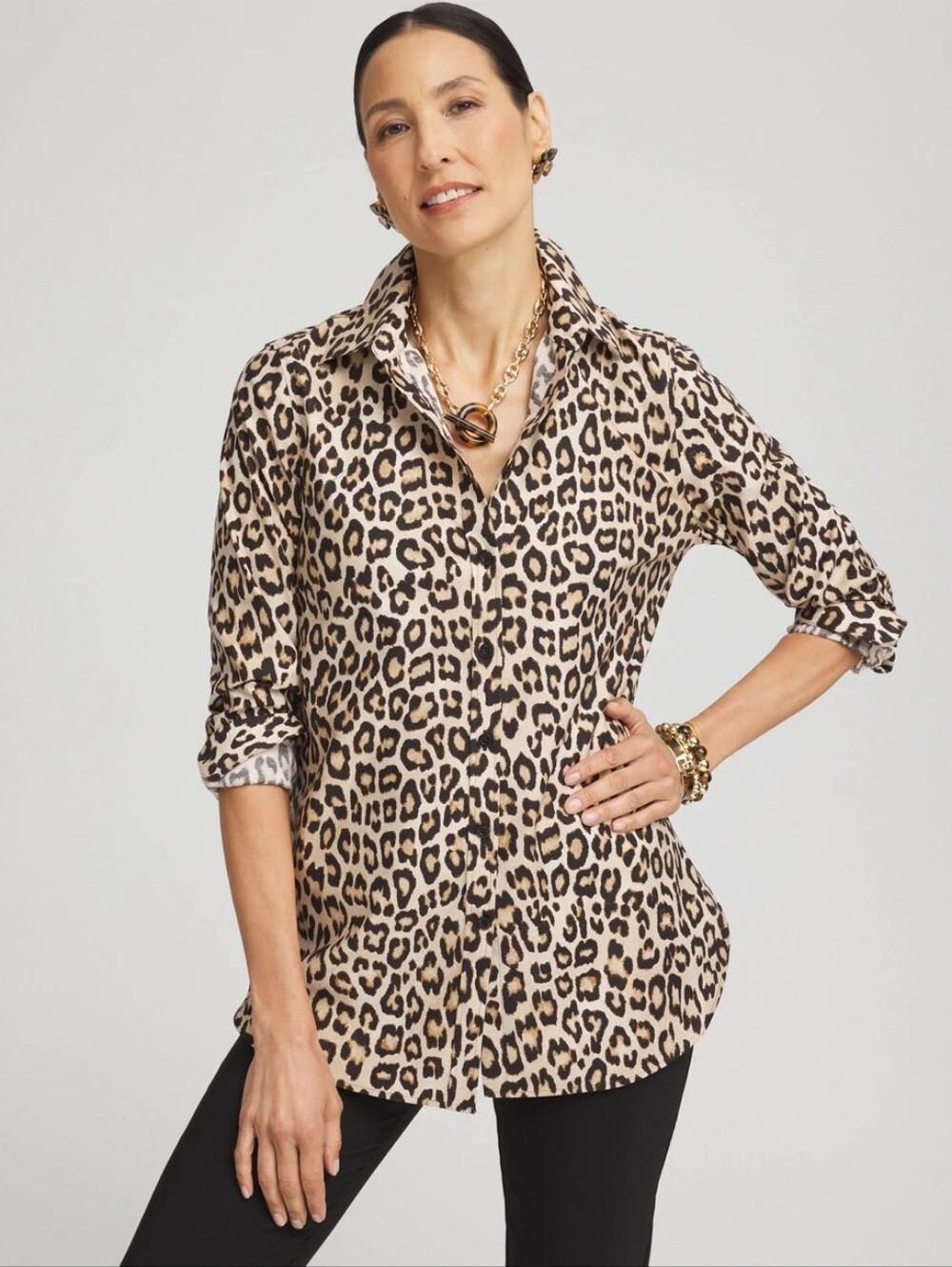 Leopard Print Button-Front Shirt Wrinkle Free Foxcroft For Appleseeds Size 8.
